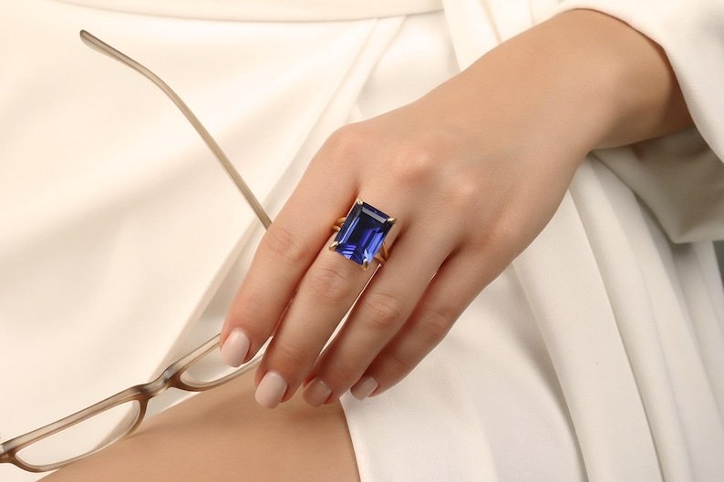 Rectangular Sapphire Ring · 14k Gold Sapphire Ring · 14k Emerald Cut Ring · Deep Blue Ring · Gold Rectangle Ring image 3