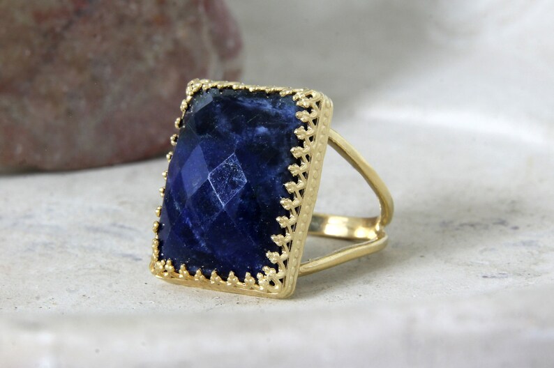 Sodalite ring,rectangular gold ring,statement ring,double band ring,gemstone ring,healing ring