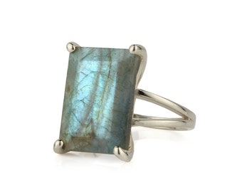 Labradorite Ring · Custom Rings · Silver Ring · Gemstone Ring · Rectangular Ring · Rectangle Ring · Prong Ring · Cocktail Ring