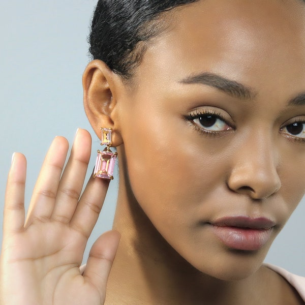 Multi Stone Rose Quartz Earrings · Gold Rectangle Earrings · 18k Gold Vermeil Earrings · Pink Earrings For Women