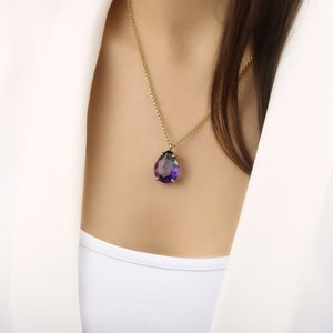 Purple Amethyst Necklace · Teardrop Pendant · Gold Gemstone Pendant · Long Pendant Necklace · February Birthstone Necklace