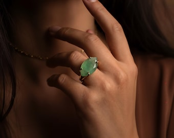 Wide Marquise Cut Aventurine Ring · 14k Gold Gemstone Ring · Green Aventurine Ring