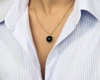 Lange Halskette · Gold Halskette · Anhänger Halskette · Schwarz Onyx Halskette · Runder Anhänger · Lange Kette · Goldkette Halskette