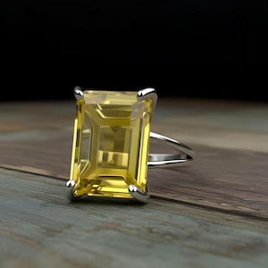 Sterling Silver Lemon Quartz Ring · Natural Semiprecious  Gem · Rectangle Cut Jewelry