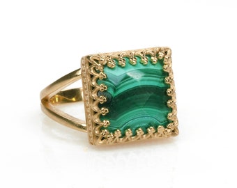 14k Rose Gold Ring · Malachite Ring · Mom Ring · Vintage Ring · Crown Ring · Gemstone Ring · Handmade Ring · Square Ring · Stacking Ring