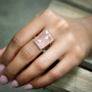Rose Quartz Ring · Large Cocktail Ring · Rectangular Ring · Rose Gold Ring · Statement Ring · Gemstone Ring · Love Ring · Lovers Ring
