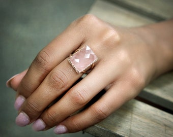 Rose Quartz Ring · Large Cocktail Ring · Rectangular Ring · Rose Gold Ring · Statement Ring · Gemstone Ring · Love Ring · Lovers Ring