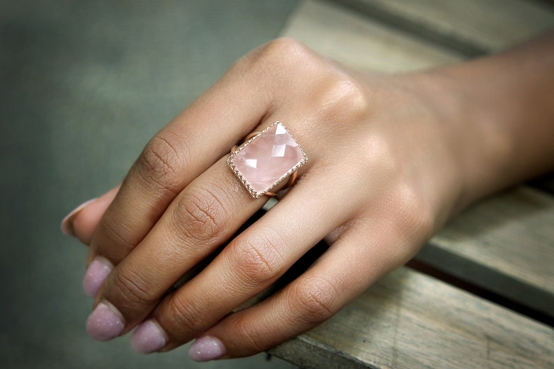 Rose Quartz Ring · Large Cocktail Ring · Rectangular Ring · Rose Gold Ring · Statement Ring · Gemstone Ring · Love Ring · Lovers Ring 