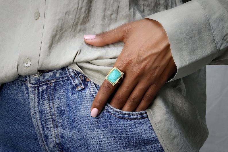 Amazonite Ring Rectangular Ring Gold Ring Gold Filled Ring Gemstone Ring Statement Ring Big Ring image 1