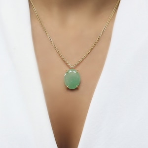 Green Aventurine Necklace · Semi Precious Pendant Necklace · Oval Cut Gemstone Necklace · Long Custom Cut Necklace Gold