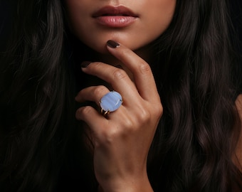Semiprecious Agate Ring · Big Gemstone Ring · Horizontal Prong Ring · Gold Blue Lace Agate Ring · Solitaire Ring · Custom Shape Cut Ring