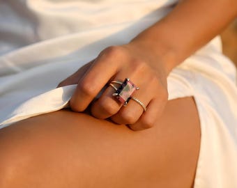 Rhodonite Emerald Cut Ring · 925 Sterling Silver Pink Gemstone Jewelry · Rectangular Stone