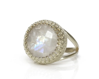 Rainbow Moonstone Ring · Round Gemstone Ring · Fire Ring · Silver Ring · Stone Ring · Large Wow Ring · Birthstone Ring · Birthday Gift