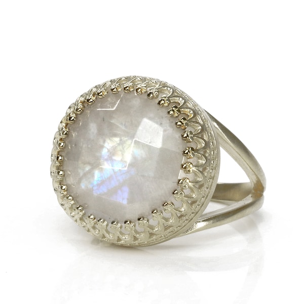 Anillo de piedra lunar arcoíris · Anillo de piedra preciosa redonda · Anillo de fuego · Anillo de plata · Anillo de piedra · Anillo grande Wow · Anillo de piedra de nacimiento · Regalo de cumpleaños