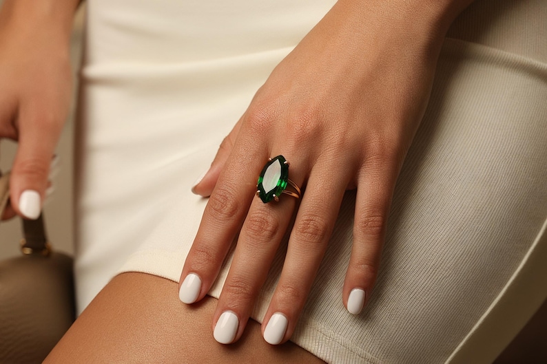 Handmade Marquise Emerald Ring · Sterling Silver Emerald Ring · May Birthstone Ring image 2