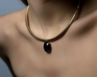 Gold Tubes Necklace· Black Onyx Oval Pendant · Tribal Statement Necklace · Custom Black Onyx Necklace · Handmade Necklace