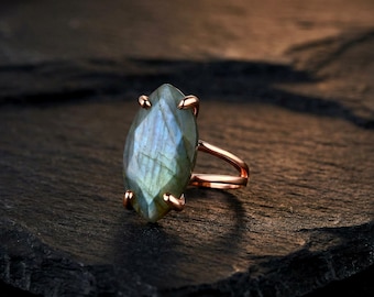 14k Rose Gold Labradorite Ring · Marquise Cut Cocktail Natural Stone Ring