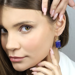 14k Solid Gold Rectangle Lapis Earrings · September Birthstone Earrings · Statement Dangle Earrings · Lapis Lazuli Emerald Cut Earrings