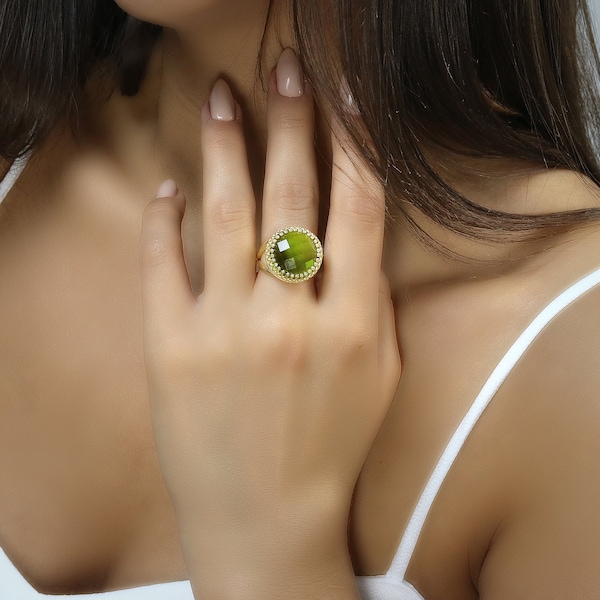 Gold Peridot Ring · Round Statement Ring · August Birthstone Ring · Gold Filled Gem Ring · Big Gold Green Ring · Gift For Mom
