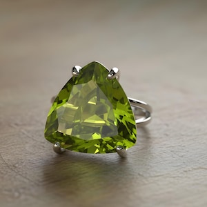Peridot Ring · Trillion Cut Green Ring · August Birthstone Ring · Triangle Stone Ring · Gem Ring · Big Silver Ring · Silver Ring For Women