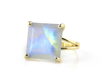 Rainbow Moonstone Ring · Square Ring · Gold Ring · Statement Cocktail Ring · Vintage Ring · White Stone Ring · Mom Ring · Birthday Ring