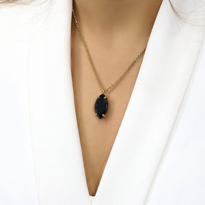 Gold Necklace Black Onyx Pendant · Marquise Shape Statement Necklace · Long Black Pendant Necklace · 14k Yellow Gold Gemstone Necklace