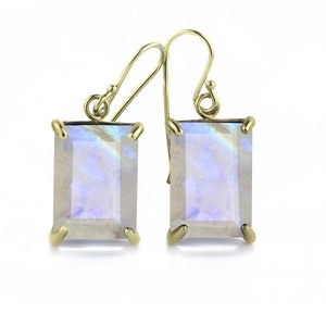 Gold Moonstone Earrings · Rainbow Earrings · Emerald Cut Earrings · Gifts For Her · Long Gold Gemstone Earrings