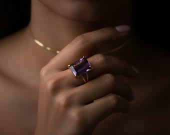 Statement Ring · Gold Cocktail Ring · 14k Amethyst Ring · Gold Filled Ring · Vintage Birthstone Ring · Emerald Cut Ring