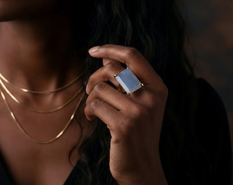 Blue Lace Agate Ring · Rectangle Gemstone Ring · 14k Gold Cocktail Ring · Solitaire Gold Ring · Handmade Statement Ring