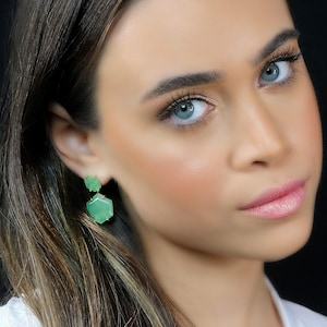 One of A Kind Gemstone Earrings · Gold Dangle Aventurine Earrings · Green Aventurine 18k Earrings · Hexagon Bridal Earrings Dangle image 1