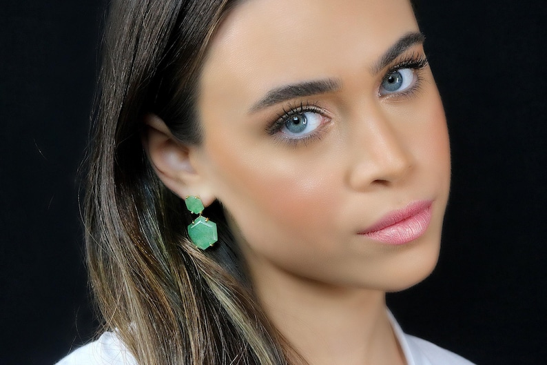 One of A Kind Gemstone Earrings · Gold Dangle Aventurine Earrings · Green Aventurine 18k Earrings · Hexagon Bridal Earrings Dangle image 1