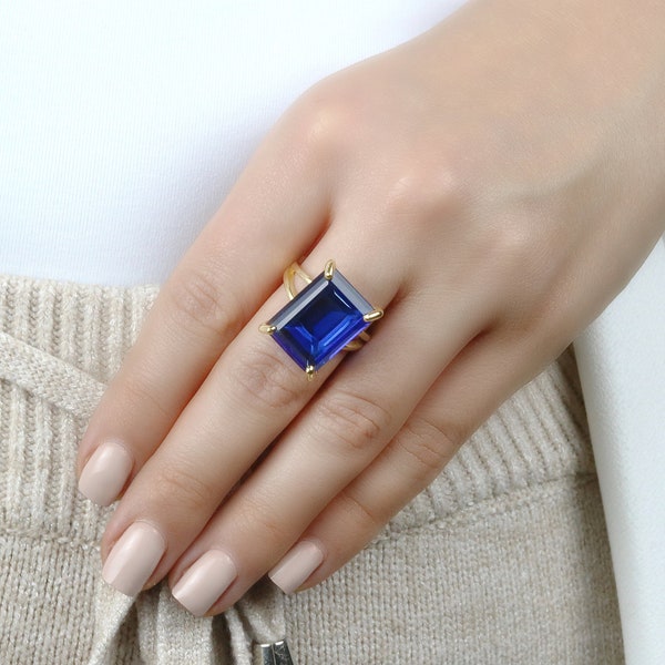 Rectangular Sapphire Ring · 14k Gold Sapphire Ring · 14k Emerald Cut Ring · Deep Blue Ring · Gold Rectangle Ring