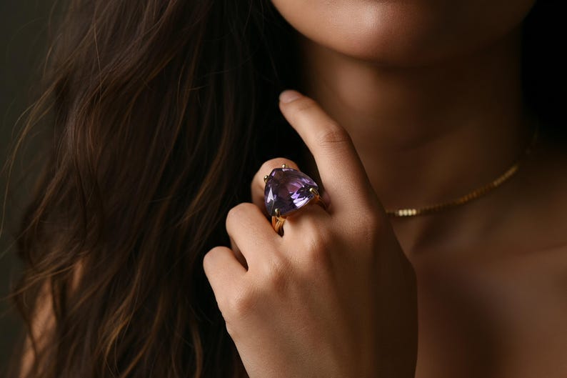 Trillion Amethyst Ring · Sterling Silver Ring · Purple Gemstone Ring · 925 Silver Stone Ring · February Birthstone Ring image 6