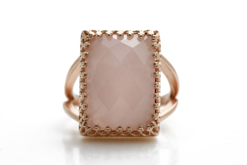 Rose Quartz Ring Large Cocktail Ring Rectangular Ring Rose Gold Ring Statement Ring Gemstone Ring Love Ring Lovers Ring image 4