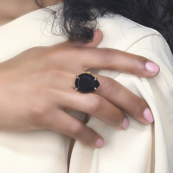 Black Onyx Ring · Gemstone Ring · Pear Ring · Drop Ring · Simple Stone ring · Cocktail Ring · Gold ring · 14k Gold Filled Ring