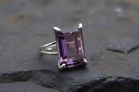925 Amethyst Ring · February Birthstone Ring · Purple Amethyst Silver Rectangle Emerald Cut Ring