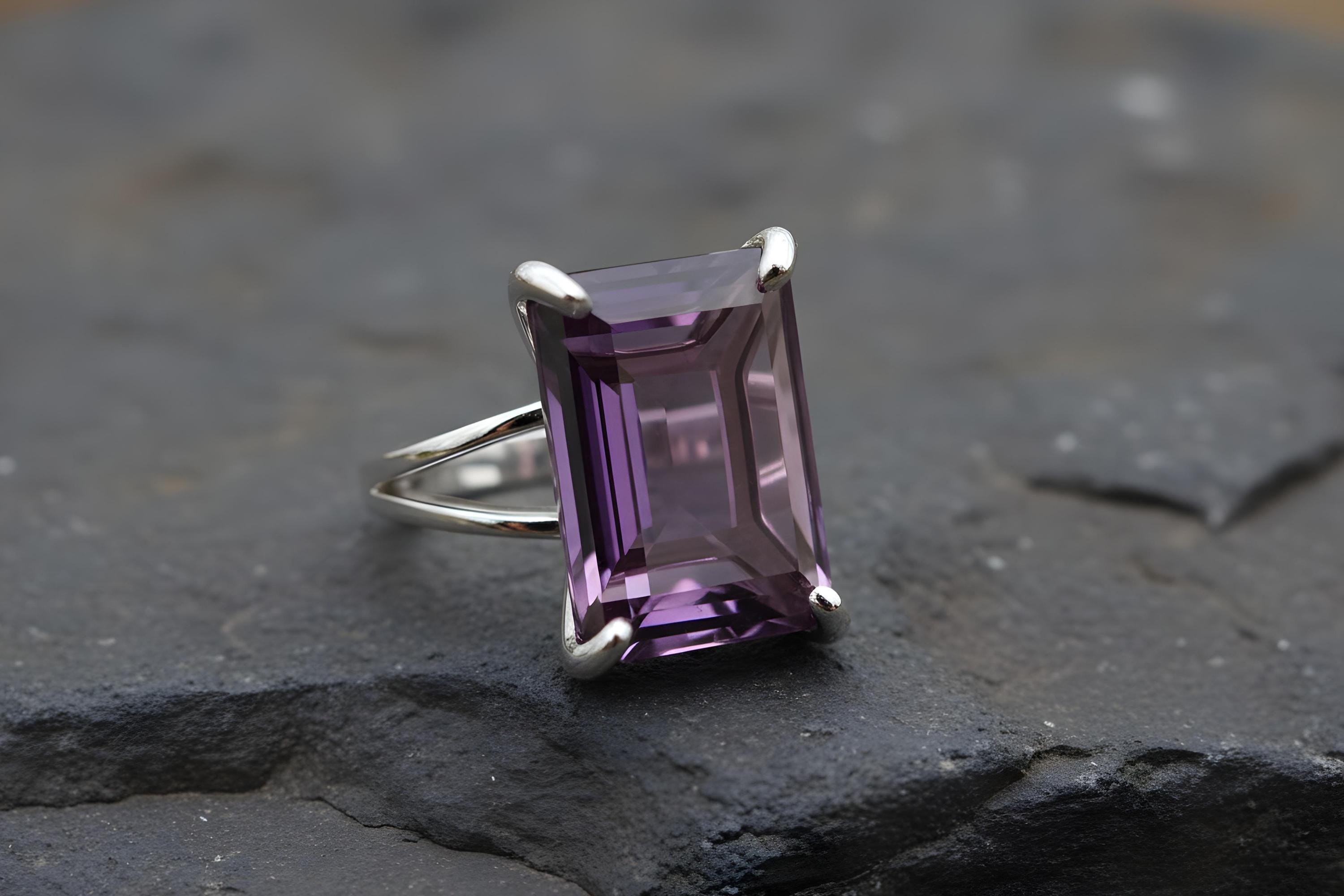 925 Amethyst Ring * February Birthstone Ring * Purple Amethyst Silver Rectangle Emerald Cut Ring
