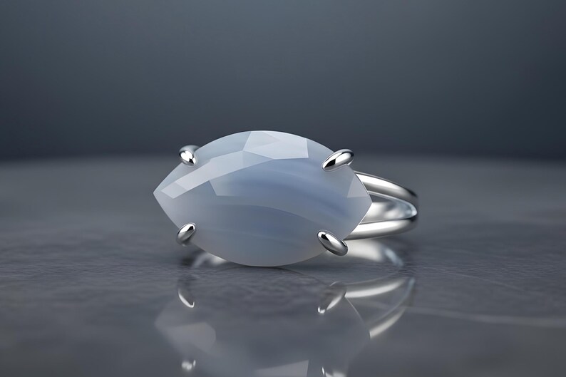 Blue Lace Agate Ring · Large Marquise Ring · Sterling Silver Gemstone Ring · Gift For Mom · 925 Silver Stone Ring · Natural Gem Ring image 1