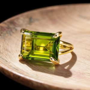 Peridot Rectangle Ring · Gold Peridot Ring · Emerald Cut Ring · August Birthstone Ring · Green Gem Ring · Gifts For Mom