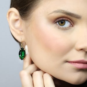 Green Emerald Marquise Earrings Gold Dangle Earrings May Birthstone Earrings Minimalist Prong Earrings 18k Solid Gold Earrings image 1