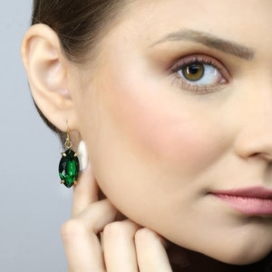 Green Emerald Marquise Earrings · Gold Dangle Earrings · May Birthstone Earrings · Minimalist Prong Earrings · 18k Solid Gold Earrings