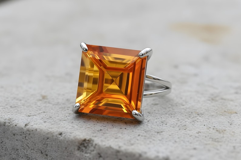 Silver Citrine Ring · Sterling Silver Ring · Gemstone Ring · Semiprecious Ring · Cocktail Ring · Square Ring · November Birthstone Ring image 1