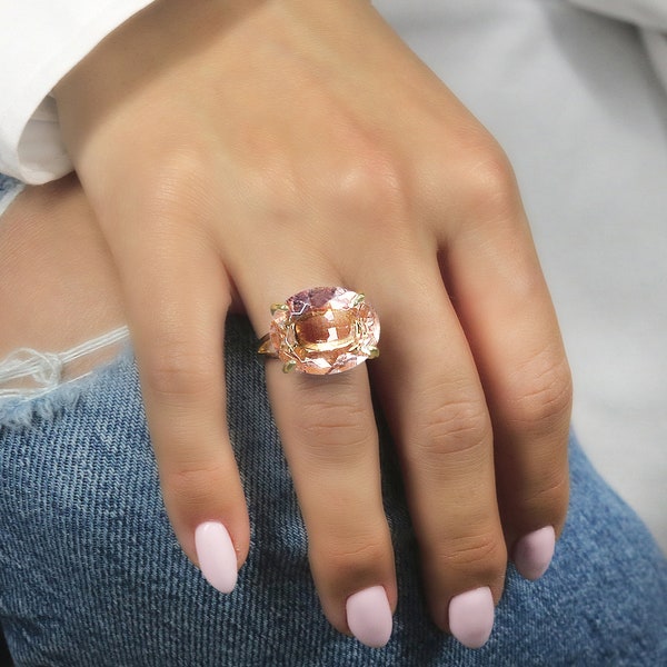 Wide Oval Morganite Ring · Big Statement Ring · Boho Ring For Women · Morganite Gemstone Ring For Women