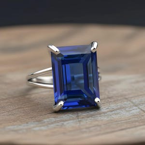 Rectangular Sapphire Ring · 14k Gold Sapphire Ring · 14k Emerald Cut Ring · Deep Blue Ring · Gold Rectangle Ring image 7