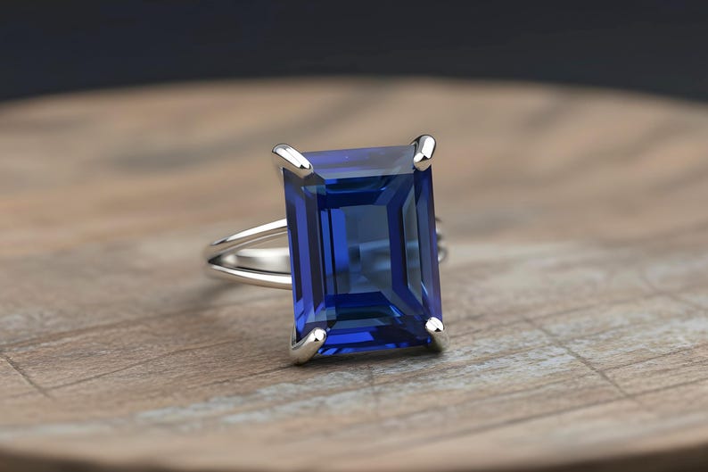 Rectangular Sapphire Ring · 14k Gold Sapphire Ring · 14k Emerald Cut Ring · Deep Blue Ring · Gold Rectangle Ring image 7
