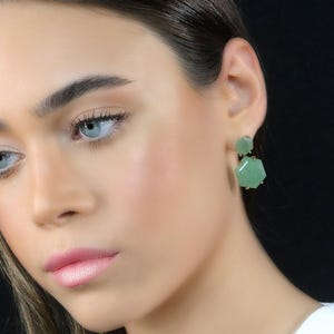One of A Kind Gemstone Earrings · Gold Dangle Aventurine Earrings · Green Aventurine 18k Earrings · Hexagon Bridal Earrings Dangle image 3