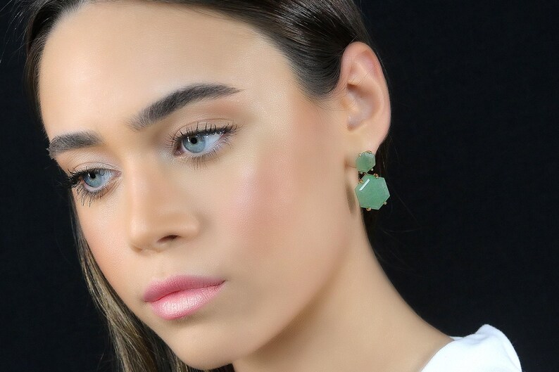 One of A Kind Gemstone Earrings · Gold Dangle Aventurine Earrings · Green Aventurine 18k Earrings · Hexagon Bridal Earrings Dangle image 3