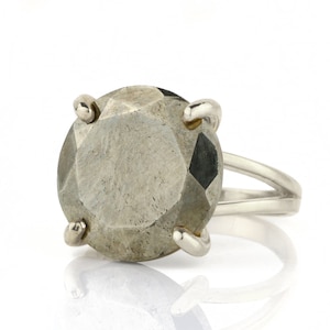 Pyrite Ring In Silver · Round Cocktail Gem Ring · Round Cut Pyrite Ring · Semiprecious Ring · Large Prong Ring · Pyrite Iron Ring