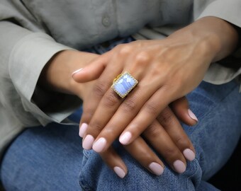 Gold Agate Ring · Lace Agate Stack Ring · Double Band Ring · Gold Rings · 14k Solid Gold Ring · Rectangle Ring · Gemstone Ring