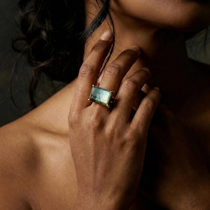 Labradorite Rectangle Ring · 14k Gold Setting · Handmade Statement Jewelry